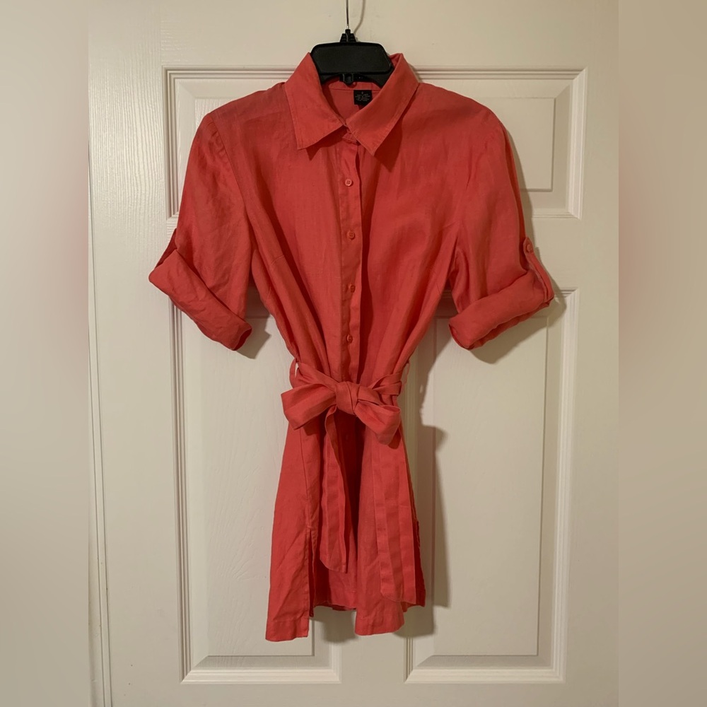 Grace Elements Linen Collared‎ Long Roll Shelve Tie Waist Button Up Shirt Size 8